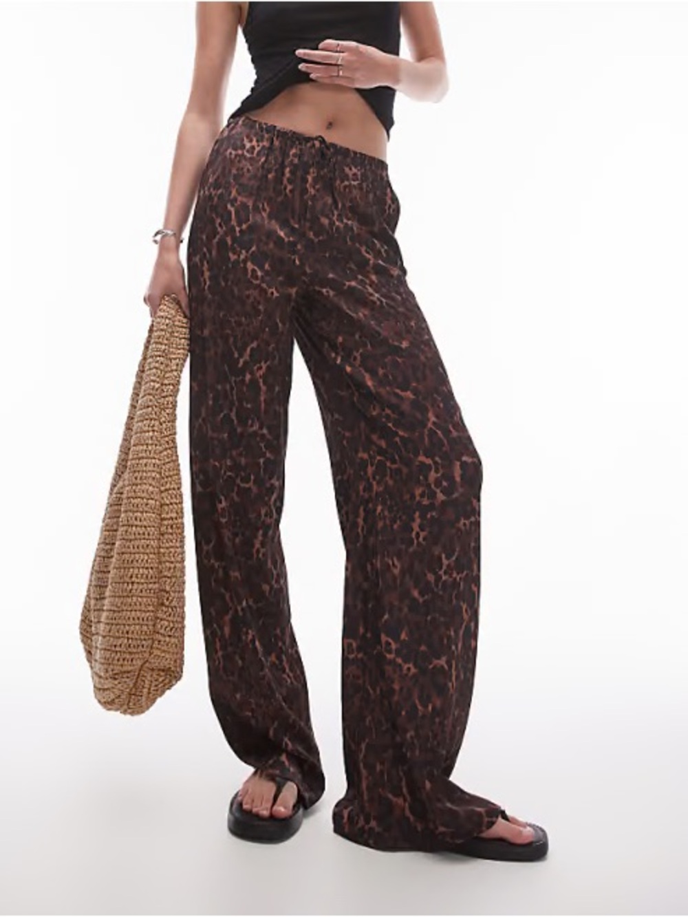 TOPSHOP Leopard Print Satin Straight Leg Tie Waist Pants